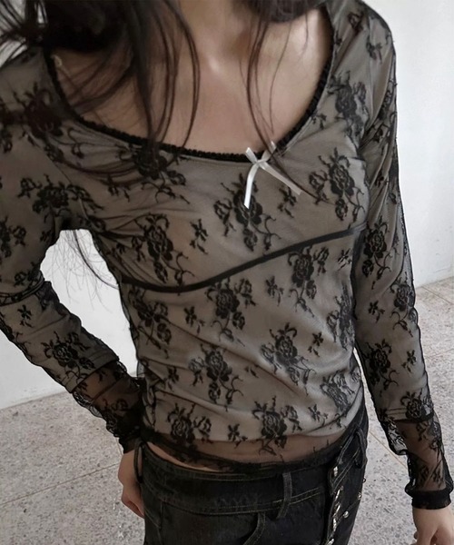 LAFFMO（ラフモ）の「シアーレースレイヤードトップス（Tシャツ/カットソー・レディース・ホワイト/ベージュ/ブラック・F）」の9枚目の写真