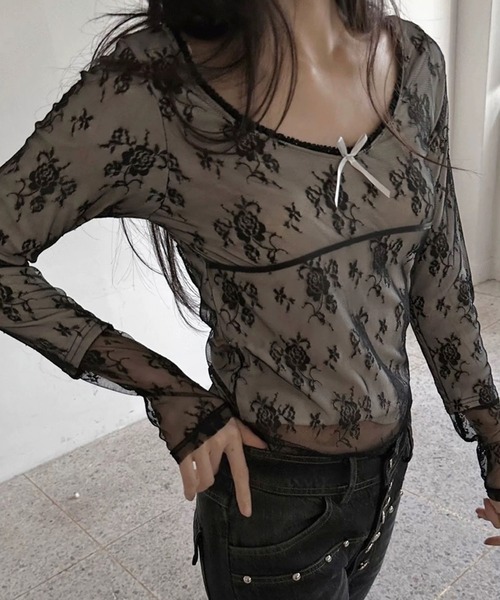 LAFFMO（ラフモ）の「シアーレースレイヤードトップス（Tシャツ/カットソー・レディース・ホワイト/ベージュ/ブラック・F）」の10枚目の写真