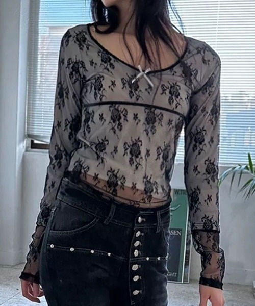 LAFFMO（ラフモ）の「シアーレースレイヤードトップス（Tシャツ/カットソー・レディース・ホワイト/ベージュ/ブラック・F）」の11枚目の写真