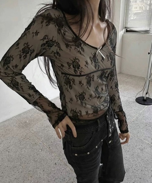 LAFFMO（ラフモ）の「シアーレースレイヤードトップス（Tシャツ/カットソー・レディース・ホワイト/ベージュ/ブラック・F）」の12枚目の写真