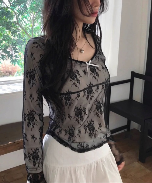 LAFFMO（ラフモ）の「シアーレースレイヤードトップス（Tシャツ/カットソー・レディース・ホワイト/ベージュ/ブラック・F）」の15枚目の写真