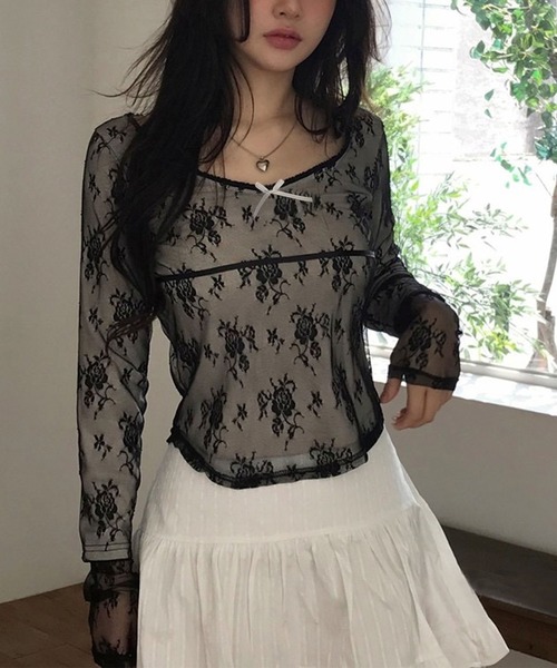 LAFFMO（ラフモ）の「シアーレースレイヤードトップス（Tシャツ/カットソー・レディース・ホワイト/ベージュ/ブラック・F）」の16枚目の写真