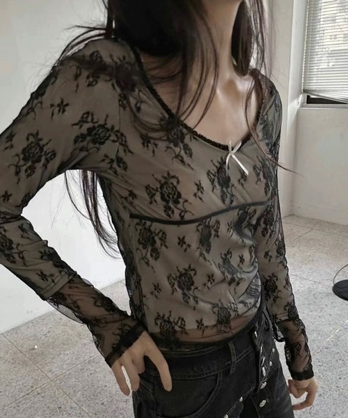 LAFFMO（ラフモ）の「シアーレースレイヤードトップス（Tシャツ/カットソー・レディース・ホワイト/ベージュ/ブラック・F）」の20枚目の写真