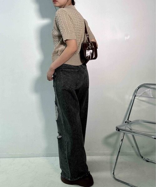 AS KNOW AS plus(アズノゥアズプラス)の「〇ダメージ加工 ルーズストレート デニムパンツ(デニムパンツ・レディース・ブラック系/ブルー系/サックスブルー系・FREE)」の5枚目の写真