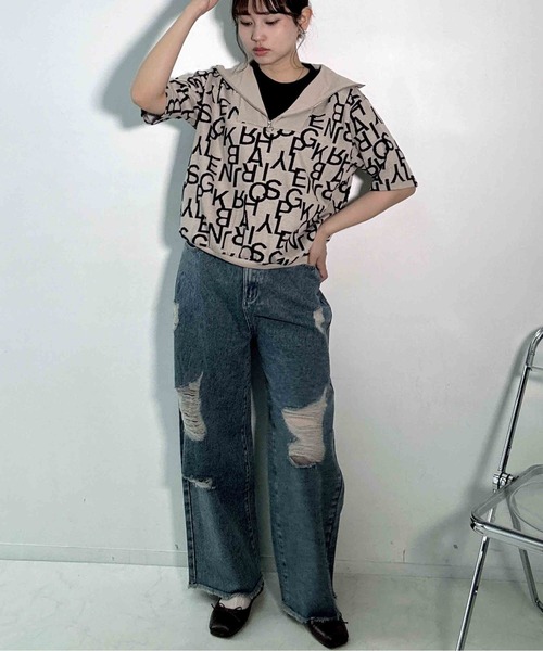 AS KNOW AS plus(アズノゥアズプラス)の「〇ダメージ加工 ルーズストレート デニムパンツ(デニムパンツ・レディース・ブラック系/ブルー系/サックスブルー系・FREE)」の12枚目の写真