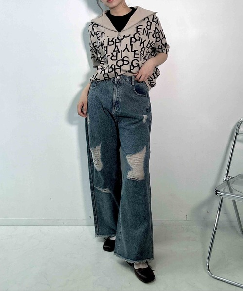 AS KNOW AS plus(アズノゥアズプラス)の「〇ダメージ加工 ルーズストレート デニムパンツ(デニムパンツ・レディース・ブラック系/ブルー系/サックスブルー系・FREE)」の13枚目の写真
