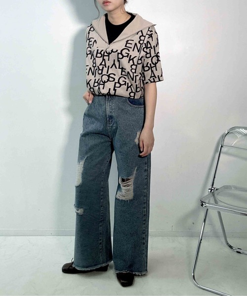 AS KNOW AS plus(アズノゥアズプラス)の「〇ダメージ加工 ルーズストレート デニムパンツ(デニムパンツ・レディース・ブラック系/ブルー系/サックスブルー系・FREE)」の14枚目の写真