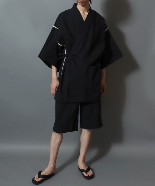 ANPAS（アンパス）の「Men’s JINBEI Set / 甚平 メンズ 羽織り 和装 浴衣 夏 ルームウェア ワンマイル 父の日 ギフト プレゼント 部屋着 セットアップ（浴衣・メンズ・ネイビー系1/ブラック系2/グレー系2/ブラック系1/ブラック系3/グレー系1・M/L/LL）」の2枚目の写真