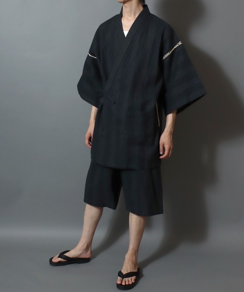 ANPAS（アンパス）の「Men’s JINBEI Set / 甚平 メンズ 羽織り 和装 浴衣 夏 ルームウェア ワンマイル 父の日 ギフト プレゼント 部屋着 セットアップ（浴衣・メンズ・ネイビー系1/ブラック系2/グレー系2/ブラック系1/ブラック系3/グレー系1・M/L/LL）」の4枚目の写真