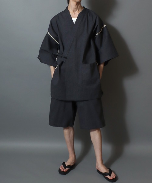 ANPAS（アンパス）の「Men’s JINBEI Set / 甚平 メンズ 羽織り 和装 浴衣 夏 ルームウェア ワンマイル 父の日 ギフト プレゼント 部屋着 セットアップ（浴衣・メンズ・ネイビー系1/ブラック系2/グレー系2/ブラック系1/ブラック系3/グレー系1・M/L/LL）」の5枚目の写真