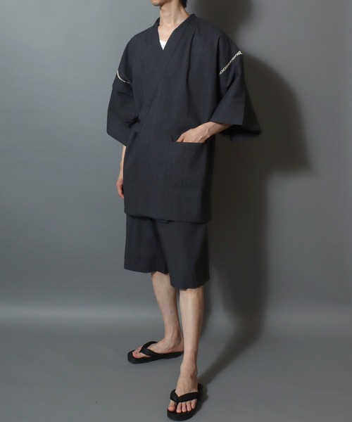 ANPAS（アンパス）の「Men’s JINBEI Set / 甚平 メンズ 羽織り 和装 浴衣 夏 ルームウェア ワンマイル 父の日 ギフト プレゼント 部屋着 セットアップ（浴衣・メンズ・ネイビー系1/ブラック系2/グレー系2/ブラック系1/ブラック系3/グレー系1・M/L/LL）」の7枚目の写真