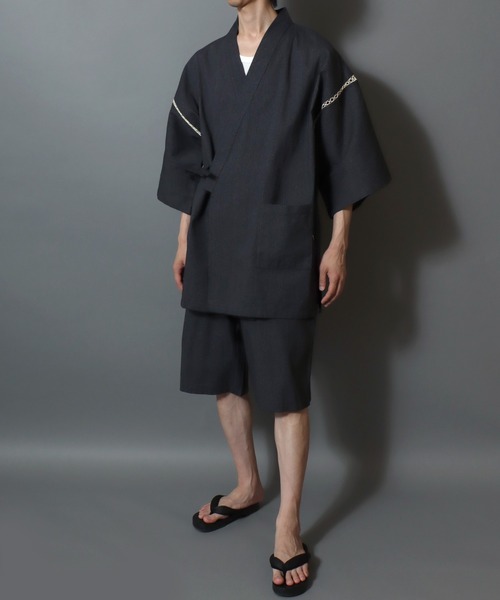 ANPAS（アンパス）の「Men’s JINBEI Set / 甚平 メンズ 羽織り 和装 浴衣 夏 ルームウェア ワンマイル 父の日 ギフト プレゼント 部屋着 セットアップ（浴衣・メンズ・ネイビー系1/ブラック系2/グレー系2/ブラック系1/ブラック系3/グレー系1・M/L/LL）」の8枚目の写真