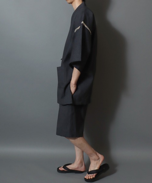 ANPAS（アンパス）の「Men’s JINBEI Set / 甚平 メンズ 羽織り 和装 浴衣 夏 ルームウェア ワンマイル 父の日 ギフト プレゼント 部屋着 セットアップ（浴衣・メンズ・ネイビー系1/ブラック系2/グレー系2/ブラック系1/ブラック系3/グレー系1・M/L/LL）」の9枚目の写真