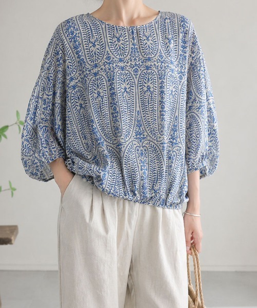 mielu(ミエル)の「ボタニカル柄ブラウジングトップス(シャツ/ブラウス・レディース・オレンジ/ブルー・MEDIUM/LARGE)」の8枚目の写真