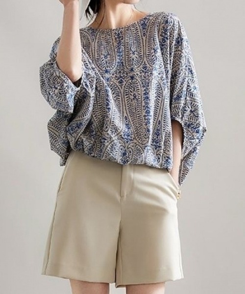 mielu(ミエル)の「ボタニカル柄ブラウジングトップス(シャツ/ブラウス・レディース・オレンジ/ブルー・MEDIUM/LARGE)」の7枚目の写真