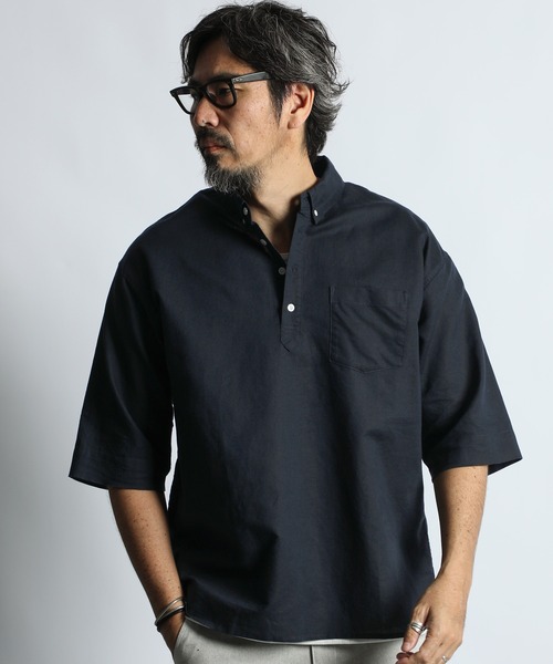 The DUFFER of ST.GEORGE(ザダファーオブセントジョージ)の「LINEN BLEND PULLOVER B.D SHIRT:綿麻素材 7分袖 プルオーバー ボタンダウンシャツ(シャツ/ブラウス・メンズ・ブルー/ネイビー/ホワイト・X-LARGE/LARGE/MEDIUM/SMALL)」の3枚目の写真