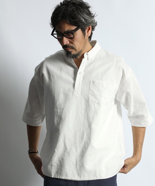 The DUFFER of ST.GEORGE(ザダファーオブセントジョージ)の「LINEN BLEND PULLOVER B.D SHIRT:綿麻素材 7分袖 プルオーバー ボタンダウンシャツ(シャツ/ブラウス・メンズ・ブルー/ネイビー/ホワイト・X-LARGE/LARGE/MEDIUM/SMALL)」の2枚目の写真