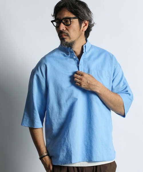 The DUFFER of ST.GEORGE(ザダファーオブセントジョージ)の「LINEN BLEND PULLOVER B.D SHIRT:綿麻素材 7分袖 プルオーバー ボタンダウンシャツ(シャツ/ブラウス・メンズ・ブルー/ネイビー/ホワイト・X-LARGE/LARGE/MEDIUM/SMALL)」の1枚目の写真