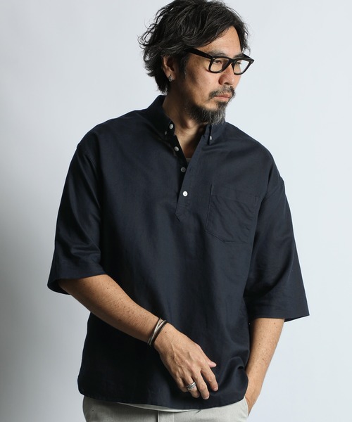 The DUFFER of ST.GEORGE(ザダファーオブセントジョージ)の「LINEN BLEND PULLOVER B.D SHIRT:綿麻素材 7分袖 プルオーバー ボタンダウンシャツ(シャツ/ブラウス・メンズ・ブルー/ネイビー/ホワイト・X-LARGE/LARGE/MEDIUM/SMALL)」の6枚目の写真