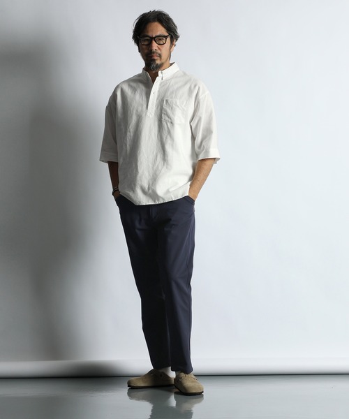 The DUFFER of ST.GEORGE(ザダファーオブセントジョージ)の「LINEN BLEND PULLOVER B.D SHIRT:綿麻素材 7分袖 プルオーバー ボタンダウンシャツ(シャツ/ブラウス・メンズ・ブルー/ネイビー/ホワイト・X-LARGE/LARGE/MEDIUM/SMALL)」の5枚目の写真