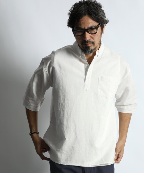 The DUFFER of ST.GEORGE(ザダファーオブセントジョージ)の「LINEN BLEND PULLOVER B.D SHIRT:綿麻素材 7分袖 プルオーバー ボタンダウンシャツ(シャツ/ブラウス・メンズ・ブルー/ネイビー/ホワイト・X-LARGE/LARGE/MEDIUM/SMALL)」の4枚目の写真