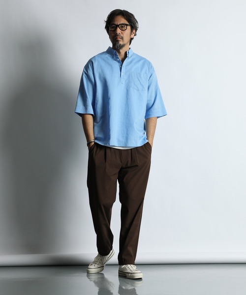 The DUFFER of ST.GEORGE(ザダファーオブセントジョージ)の「LINEN BLEND PULLOVER B.D SHIRT:綿麻素材 7分袖 プルオーバー ボタンダウンシャツ(シャツ/ブラウス・メンズ・ブルー/ネイビー/ホワイト・X-LARGE/LARGE/MEDIUM/SMALL)」の9枚目の写真