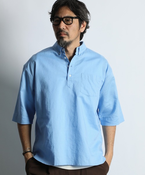 The DUFFER of ST.GEORGE(ザダファーオブセントジョージ)の「LINEN BLEND PULLOVER B.D SHIRT:綿麻素材 7分袖 プルオーバー ボタンダウンシャツ(シャツ/ブラウス・メンズ・ブルー/ネイビー/ホワイト・X-LARGE/LARGE/MEDIUM/SMALL)」の8枚目の写真