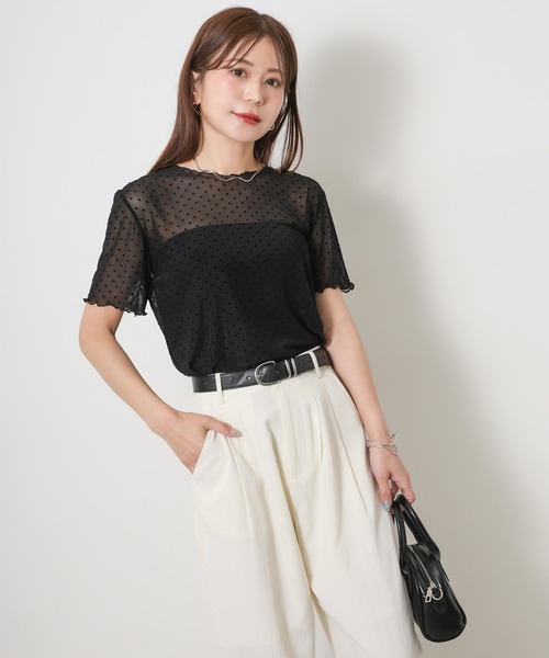 Riberry(リベリー)の「ドットシアーチュール半袖トップス(Tシャツ/カットソー・レディース・ブラック/オフホワイト・MEDIUM)」の2枚目の写真