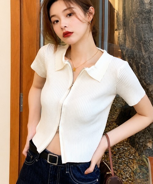 MELT(メルト)の「ハーフスリーブダブルジップポロニットカーディガン/トップス(Tシャツ/カットソー・レディース・ホワイト/ブラック/ブルー・FREE)」の2枚目の写真