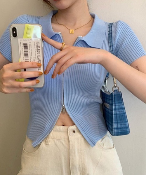 MELT(メルト)の「ハーフスリーブダブルジップポロニットカーディガン/トップス(Tシャツ/カットソー・レディース・ホワイト/ブラック/ブルー・FREE)」の21枚目の写真
