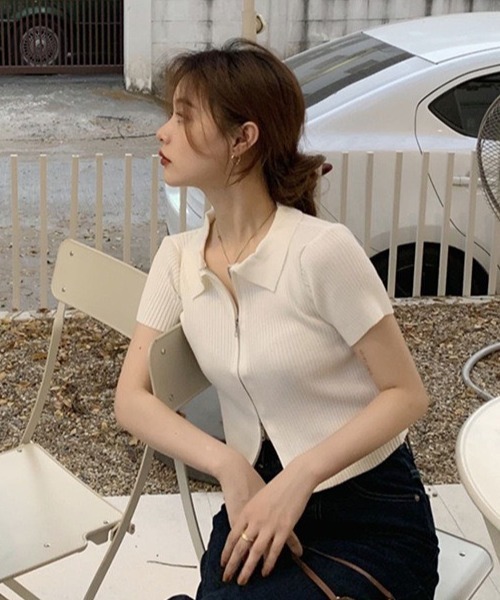 MELT(メルト)の「ハーフスリーブダブルジップポロニットカーディガン/トップス(Tシャツ/カットソー・レディース・ホワイト/ブラック/ブルー・FREE)」の7枚目の写真
