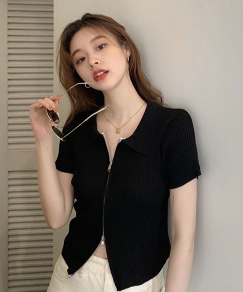 MELT(メルト)の「ハーフスリーブダブルジップポロニットカーディガン/トップス(Tシャツ/カットソー・レディース・ホワイト/ブラック/ブルー・FREE)」の9枚目の写真