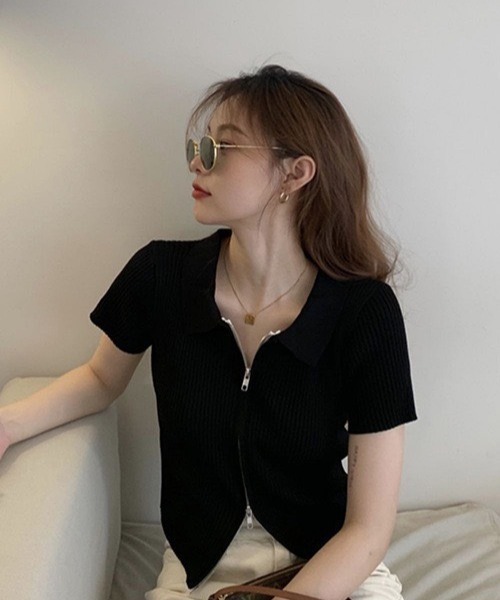 MELT(メルト)の「ハーフスリーブダブルジップポロニットカーディガン/トップス(Tシャツ/カットソー・レディース・ホワイト/ブラック/ブルー・FREE)」の13枚目の写真