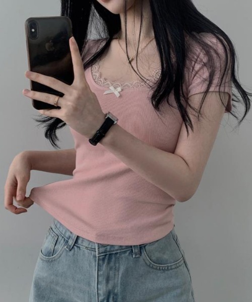 semplice(センプリチェ)の「Tシャツ【韓国ファッション】(Tシャツ/カットソー・レディース・ピンク/ブルー/ホワイト・F)」の7枚目の写真