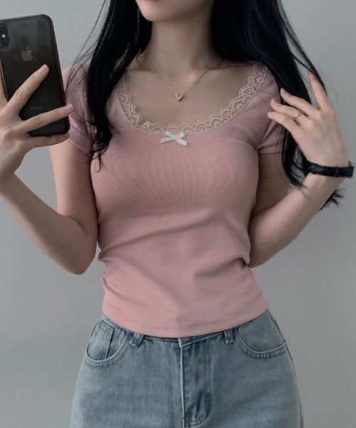 semplice(センプリチェ)の「Tシャツ【韓国ファッション】(Tシャツ/カットソー・レディース・ピンク/ブルー/ホワイト・F)」の4枚目の写真