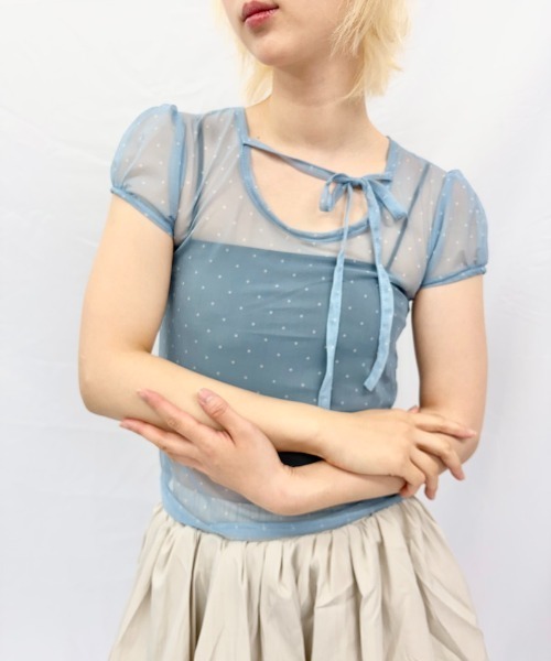 Alite cloth(アリーテクロス)の「パフスリーブシアー半袖トップス(シャツ/ブラウス・レディース・ブルー/ブラック/アイボリー・FREE)」の1枚目の写真