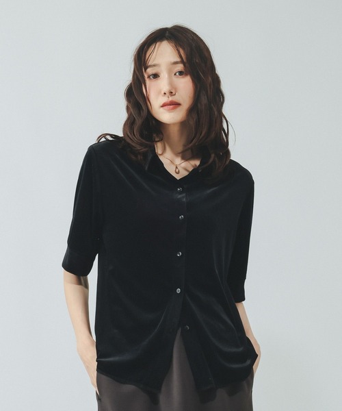 GLOBAL WORK(グローバルワーク)の「※ベロアポロシャツ半袖/910905(ポロシャツ・レディース・ブラウン/ブラック/アイボリー・MEDIUM/LARGE)」の2枚目の写真