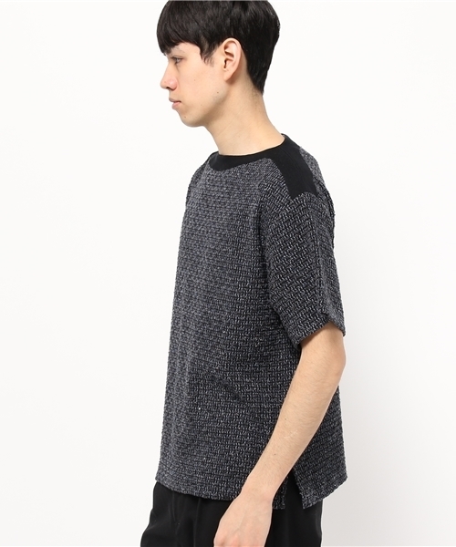 WRAPINKNOT(ラッピンノット)の「ウーブン ボートネック ハーフスリーブ ニット(Tシャツ/カットソー・メンズ・ブラック・3/2)」の2枚目の写真