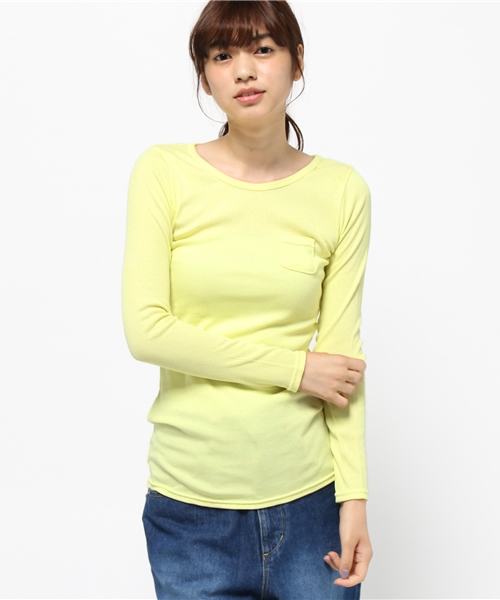 OLD BETTY'S（オールドベティーズ）の「ALOHA Rib 1Pocket T-shirts/リブワンポケットTシャツ（Tシャツ/カットソー・レディース・ダークブラウン/ライトカーキ/ダークネイビー/サーモンピンク/アイボリー/ブラック/ネイビー/ロイヤルブルー/杢グレー/イエロー/サックスブルー/ライトピンク/ワインレッド/モカ/ベージュ/ダークベージュ/ダークグリーン/グレイッシュブルー/ライトイエロー/グレイッシュベージュ/オリーブ/ダークオリーブ・FREE）」の19枚目の写真