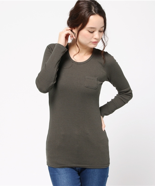 OLD BETTY'S（オールドベティーズ）の「ALOHA Rib 1Pocket T-shirts/リブワンポケットTシャツ（Tシャツ/カットソー・レディース・ダークブラウン/ライトカーキ/ダークネイビー/サーモンピンク/アイボリー/ブラック/ネイビー/ロイヤルブルー/杢グレー/イエロー/サックスブルー/ライトピンク/ワインレッド/モカ/ベージュ/ダークベージュ/ダークグリーン/グレイッシュブルー/ライトイエロー/グレイッシュベージュ/オリーブ/ダークオリーブ・FREE）」の11枚目の写真