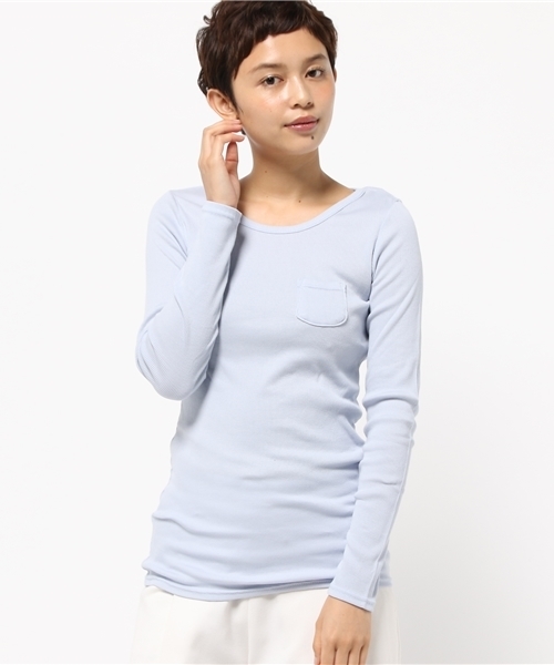 OLD BETTY'S（オールドベティーズ）の「ALOHA Rib 1Pocket T-shirts/リブワンポケットTシャツ（Tシャツ/カットソー・レディース・ダークブラウン/ライトカーキ/ダークネイビー/サーモンピンク/アイボリー/ブラック/ネイビー/ロイヤルブルー/杢グレー/イエロー/サックスブルー/ライトピンク/ワインレッド/モカ/ベージュ/ダークベージュ/ダークグリーン/グレイッシュブルー/ライトイエロー/グレイッシュベージュ/オリーブ/ダークオリーブ・FREE）」の14枚目の写真