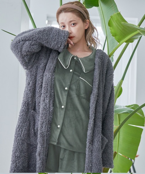 マカロンカラープードルシャギーロングガウンカーディガンパジャマ