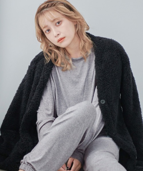 マカロンカラープードルシャギーロングガウンカーディガンパジャマ