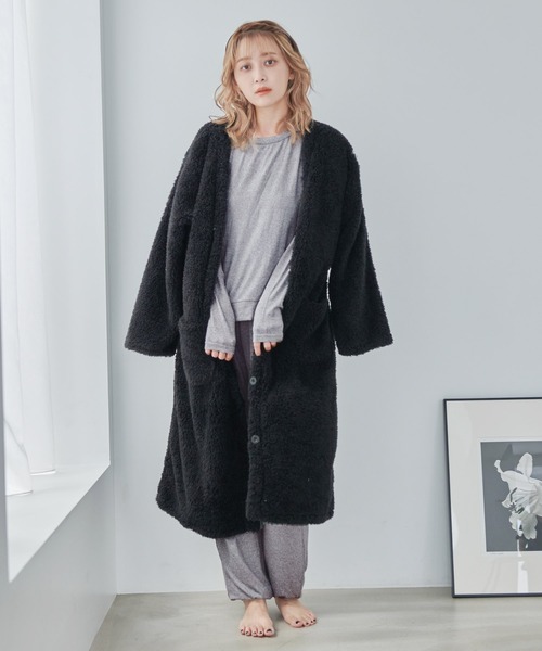マカロンカラープードルシャギーロングガウンカーディガンパジャマ