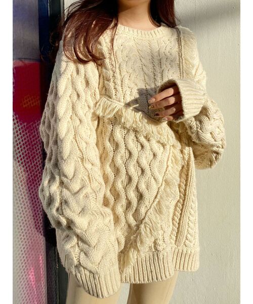 EVRIS（エヴリス）の「フリンジパッチワークケーブルニットプルオーバー（ニット/セーター・レディース・ホワイト/ブラック/グリーン/パープル・FREE）」の14枚目の写真
