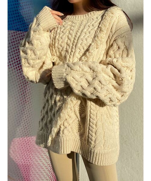 EVRIS（エヴリス）の「フリンジパッチワークケーブルニットプルオーバー（ニット/セーター・レディース・ホワイト/ブラック/グリーン/パープル・FREE）」の12枚目の写真