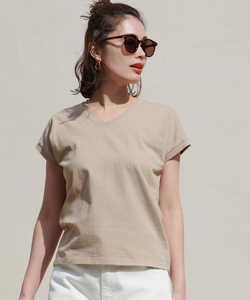 coca(coca)(コカ)の「\新色登場/フレンチスリーブVネックTシャツ COTTON from the US(Tシャツ/カットソー・レディース・ホワイト/ブラック/ベージュ/カーキ/オレンジ/ライトグリーン/キャメル/ネイビー/ダークグリーン/レッド/ライトブルー/チャコール/マスタード/ブラウン・M/L/XL)」の6枚目の写真