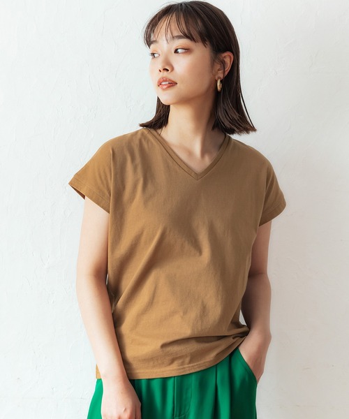 coca(coca)(コカ)の「\新色登場/フレンチスリーブVネックTシャツ COTTON from the US(Tシャツ/カットソー・レディース・ホワイト/ブラック/ベージュ/カーキ/オレンジ/ライトグリーン/キャメル/ネイビー/ダークグリーン/レッド/ライトブルー/チャコール/マスタード/ブラウン・M/L/XL)」の12枚目の写真