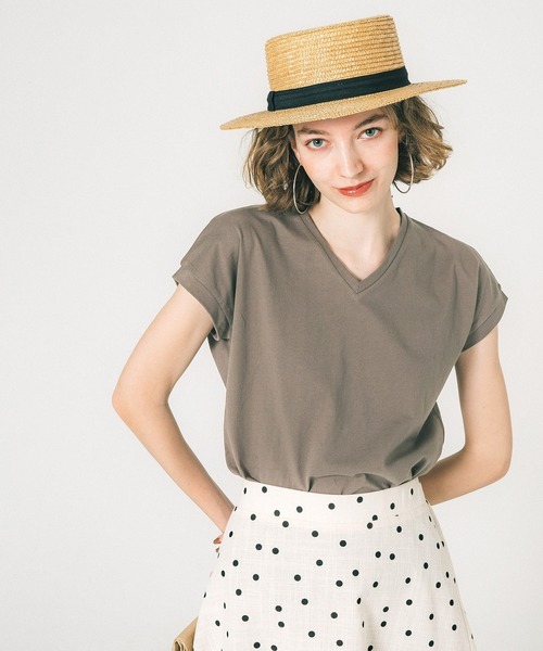 coca(coca)(コカ)の「\新色登場/フレンチスリーブVネックTシャツ COTTON from the US(Tシャツ/カットソー・レディース・ホワイト/ブラック/ベージュ/カーキ/オレンジ/ライトグリーン/キャメル/ネイビー/ダークグリーン/レッド/ライトブルー/チャコール/マスタード/ブラウン・M/L/XL)」の5枚目の写真