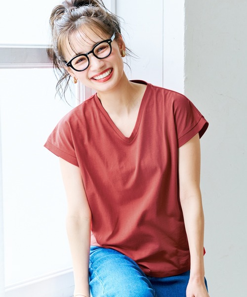 coca(coca)(コカ)の「\新色登場/フレンチスリーブVネックTシャツ COTTON from the US(Tシャツ/カットソー・レディース・ホワイト/ブラック/ベージュ/カーキ/オレンジ/ライトグリーン/キャメル/ネイビー/ダークグリーン/レッド/ライトブルー/チャコール/マスタード/ブラウン・M/L/XL)」の13枚目の写真